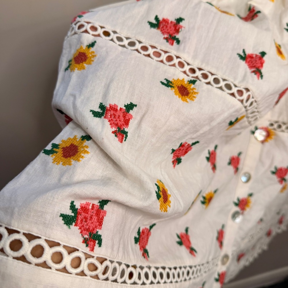 #11 FARM RIO Dress Sz. M PTP: 13" - 15" Floral Cross Stitch Linen Blend Crochet - Picture 5 of 11